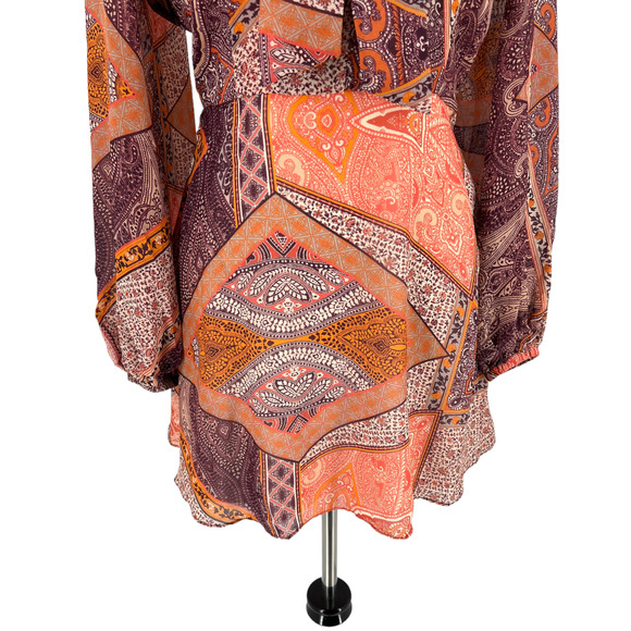 Divine Heritage Mini Dress Orchid Floral Paisley Print Tie Neck Size Small - Picture 9 of 16